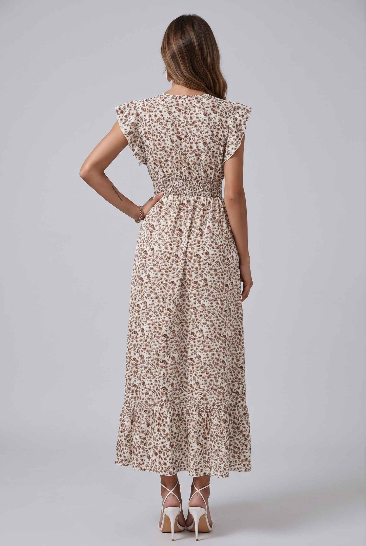 Virtual Model wearing The Maia Flutter Sleeve Maxi Floral Smocked Waist Rose Gold Maxi Dress