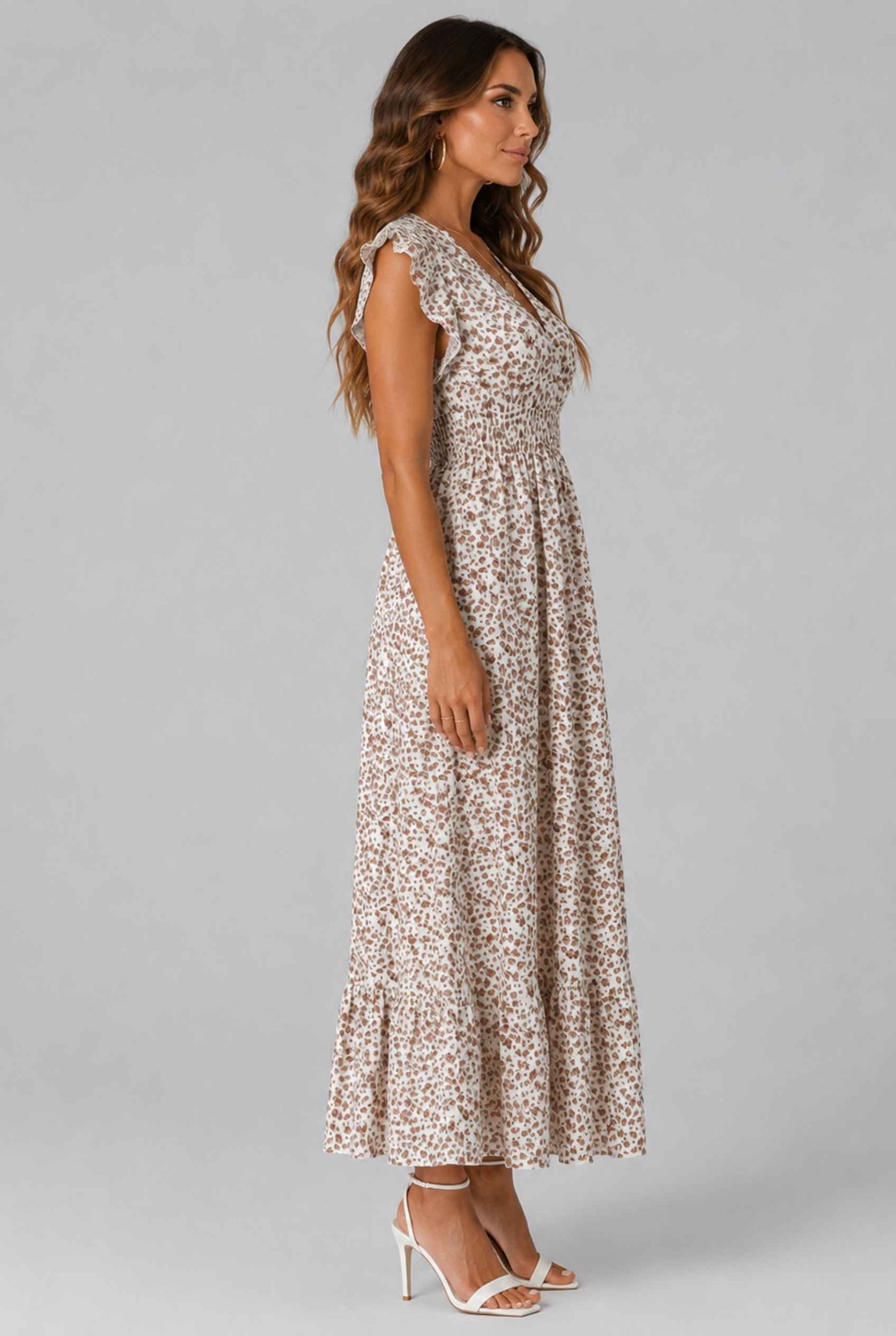 Virtual Model wearing The Maia Flutter Sleeve Maxi Floral Smocked Waist Rose Gold Maxi Dress