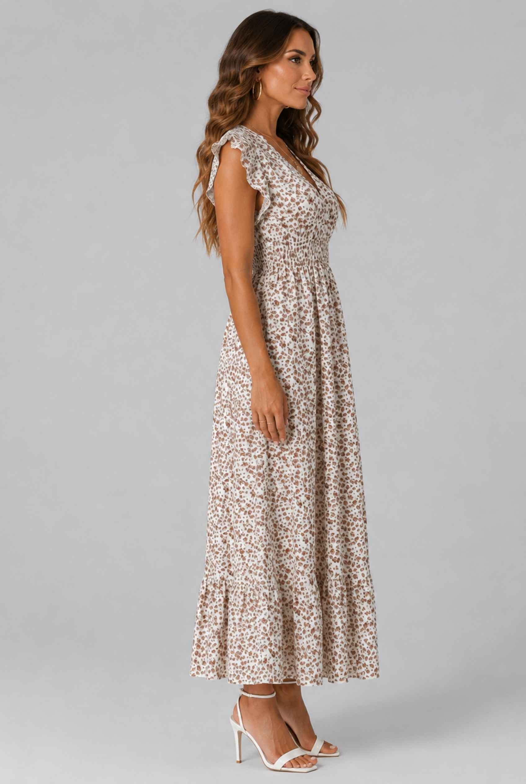 Virtual Model wearing The Maia Flutter Sleeve Maxi Floral Smocked Waist Rose Gold Maxi Dress
