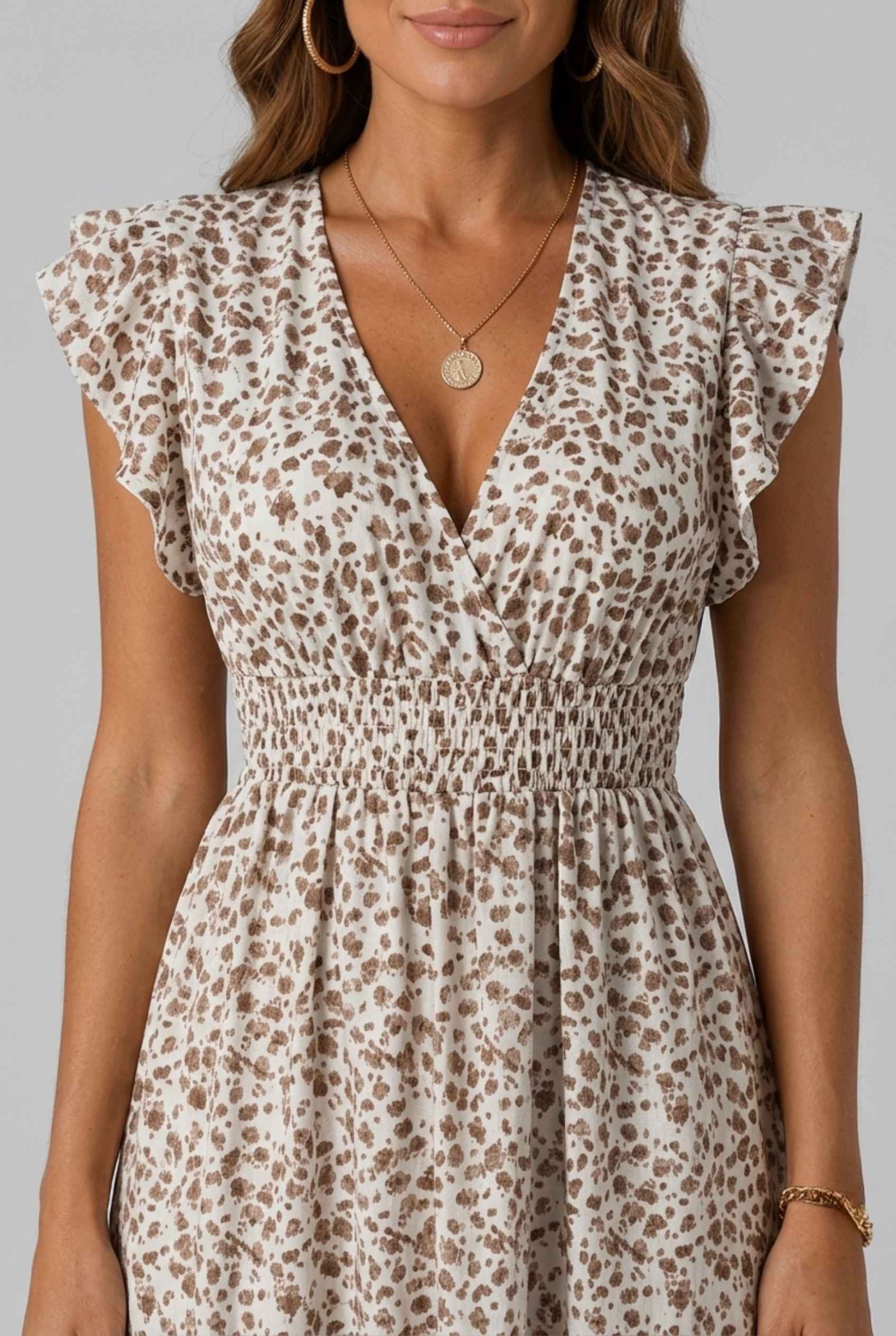 Virtual Model wearing The Maia Flutter Sleeve Maxi Floral Smocked Waist Rose Gold Maxi Dress