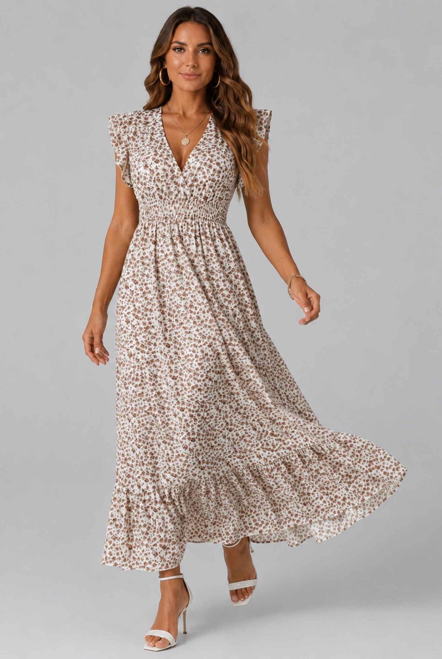 Virtual Model wearing The Maia Flutter Sleeve Maxi Floral Smocked Waist Rose Gold Maxi Dress