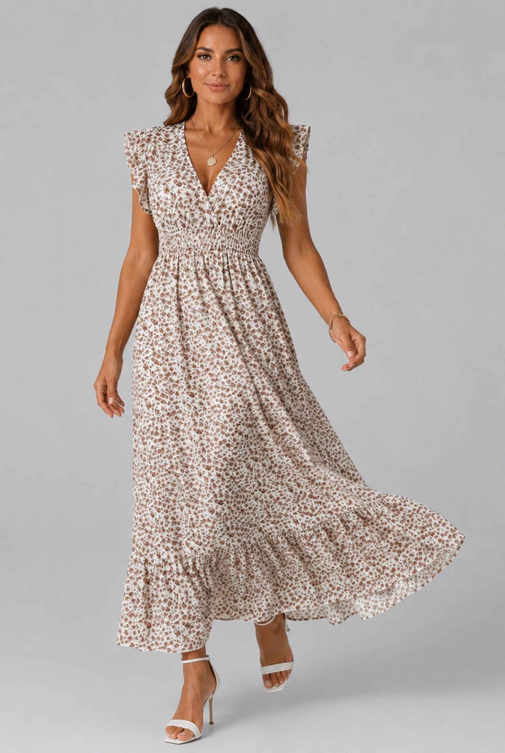 Virtual Model wearing The Maia Flutter Sleeve Maxi Floral Smocked Waist Rose Gold Maxi Dress