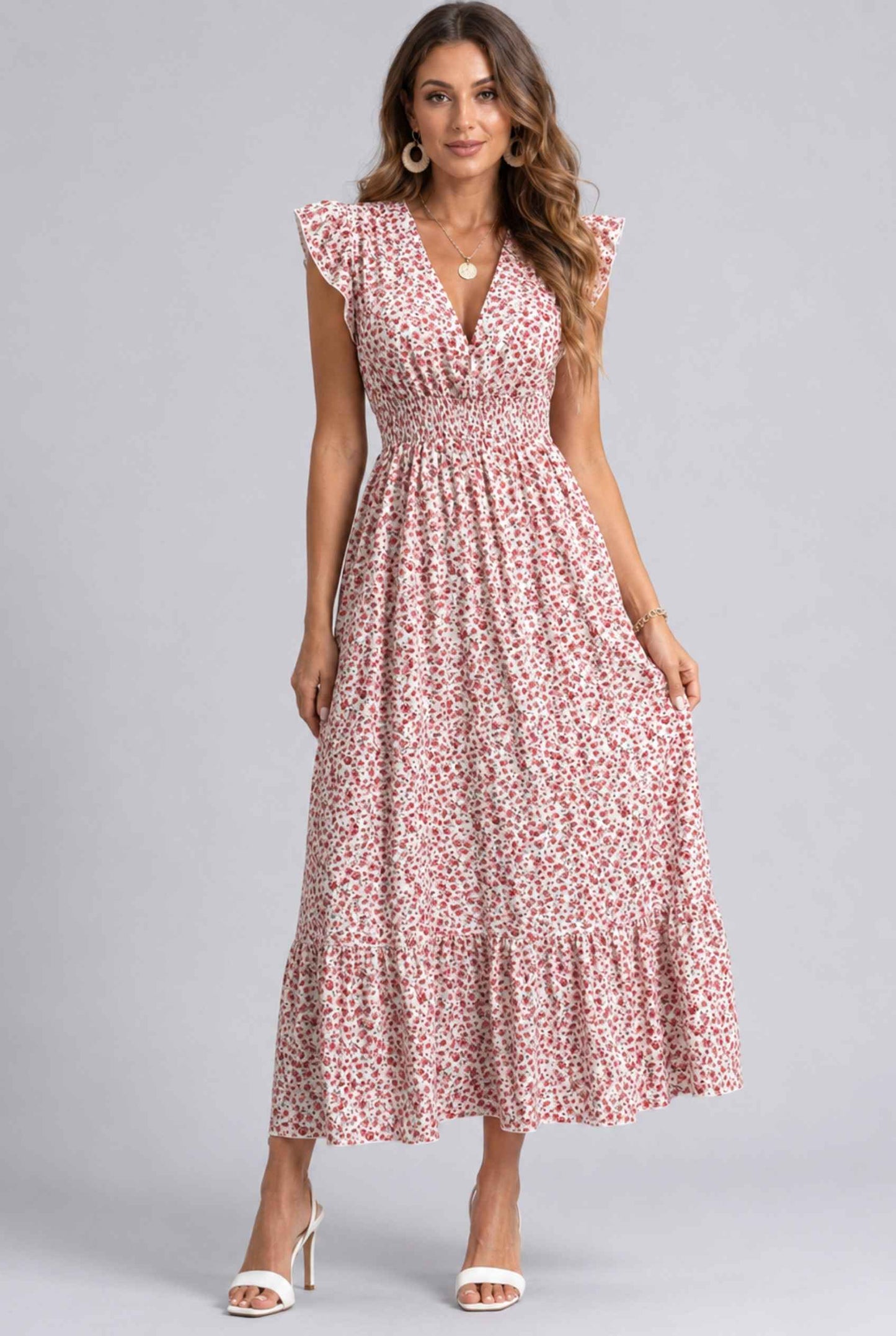Virtual Model wearing The Maia Flutter Sleeve Maxi Floral Smocked Waist Rose Pink Maxi Dress