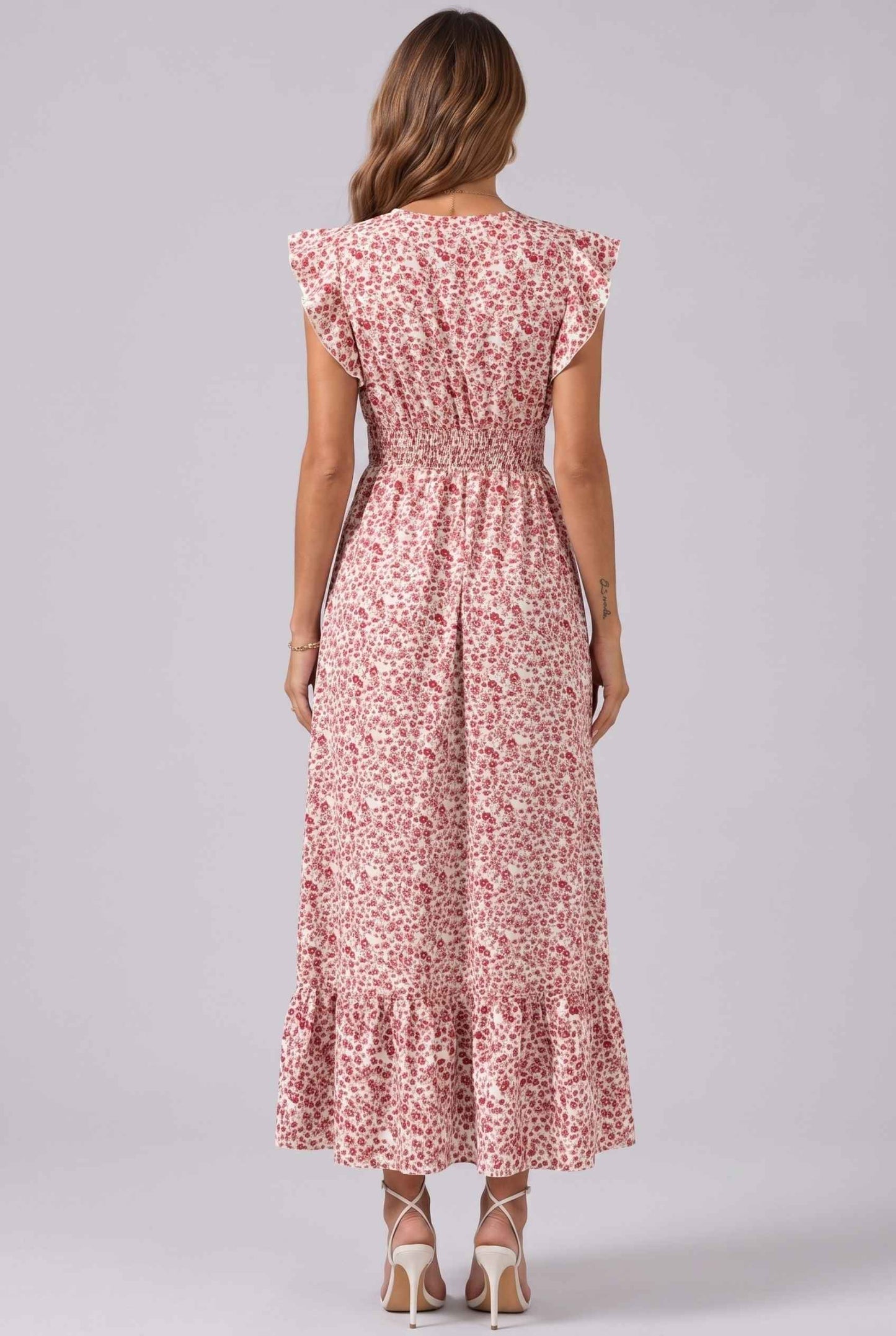 Virtual Model wearing The Maia Flutter Sleeve Maxi Floral Smocked Waist Rose Pink Maxi Dress