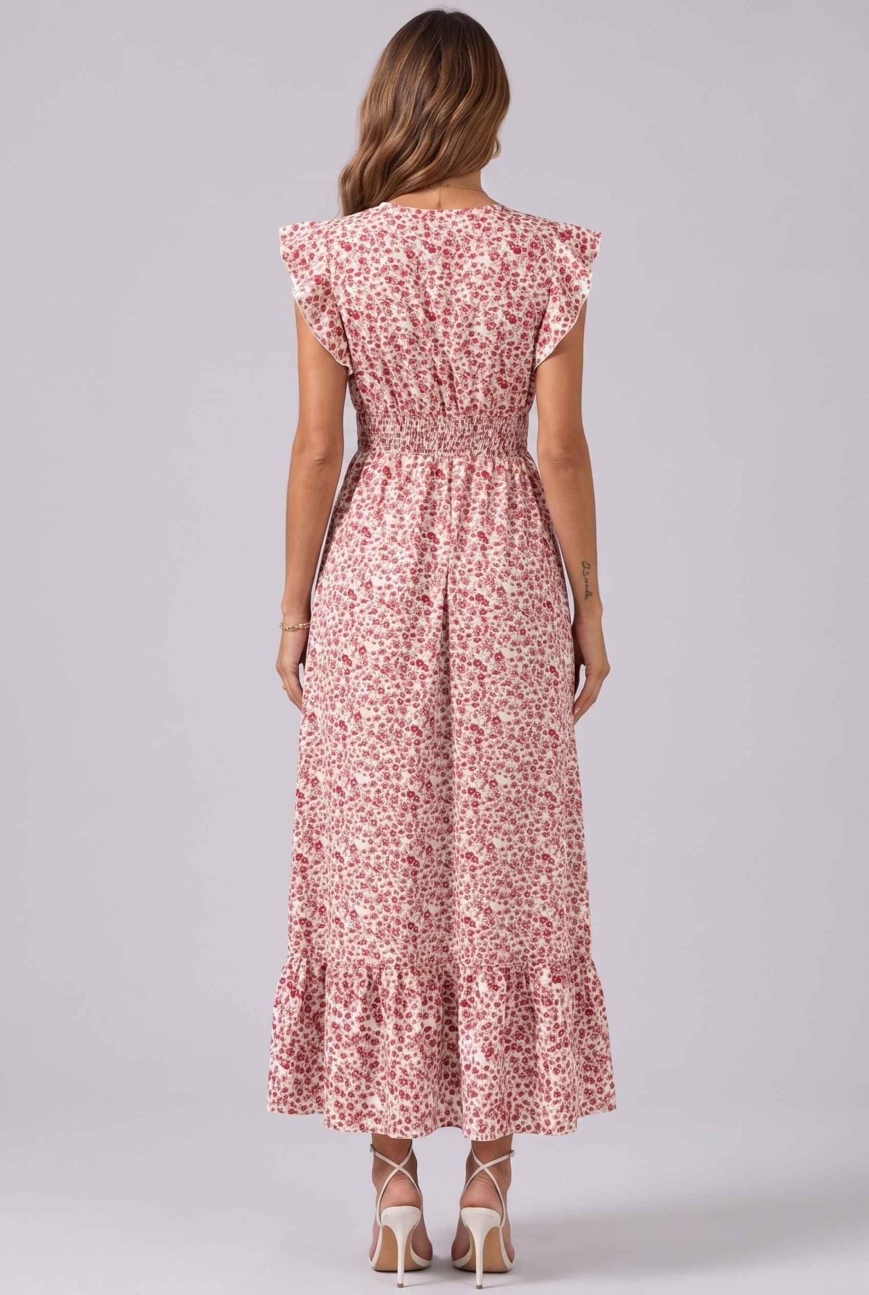 Virtual Model wearing The Maia Flutter Sleeve Maxi Floral Smocked Waist Rose Pink Maxi Dress