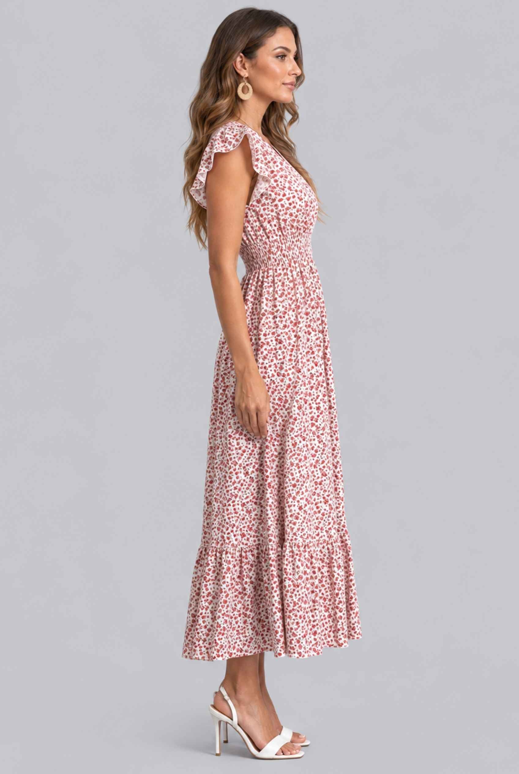 Virtual Model wearing The Maia Flutter Sleeve Maxi Floral Smocked Waist Rose Pink Maxi Dress