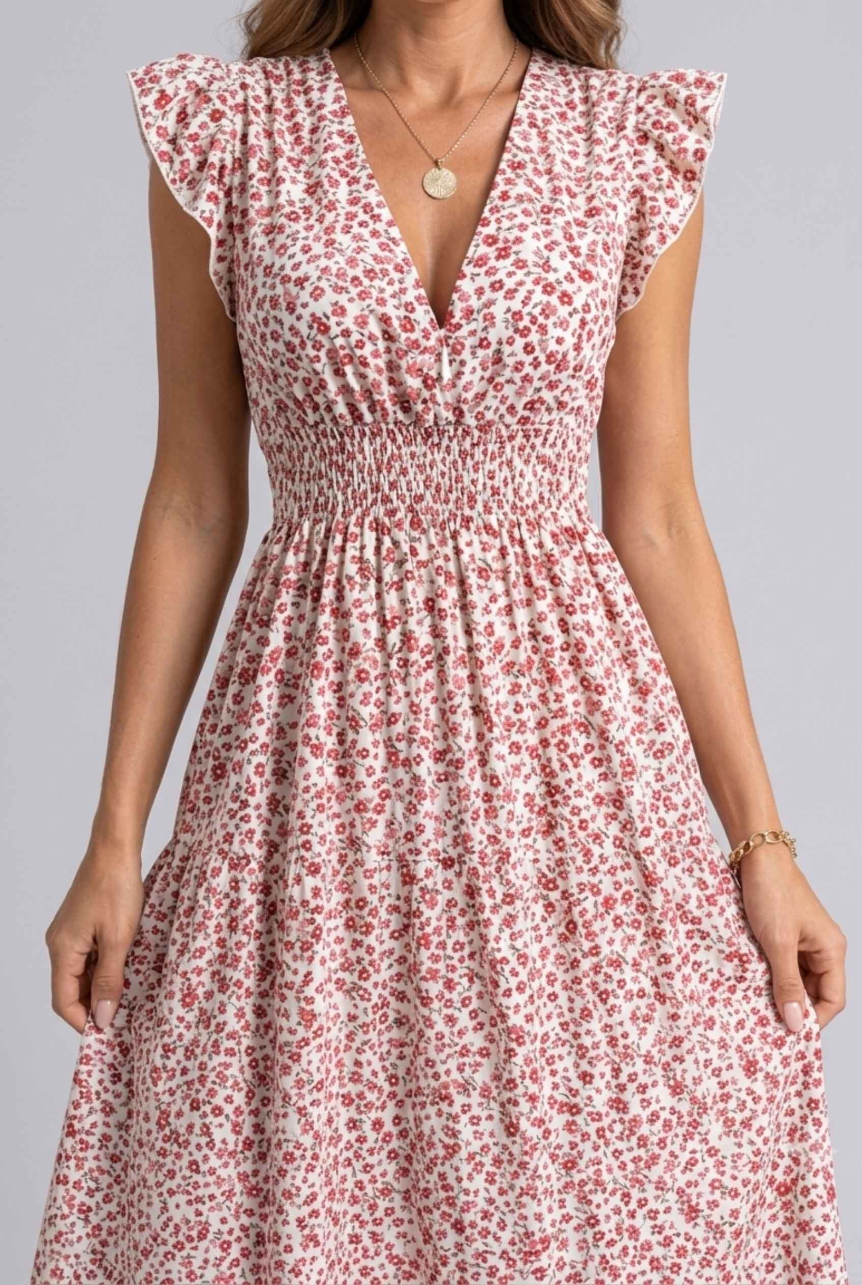 Virtual Model wearing The Maia Flutter Sleeve Maxi Floral Smocked Waist Rose Pink Maxi Dress