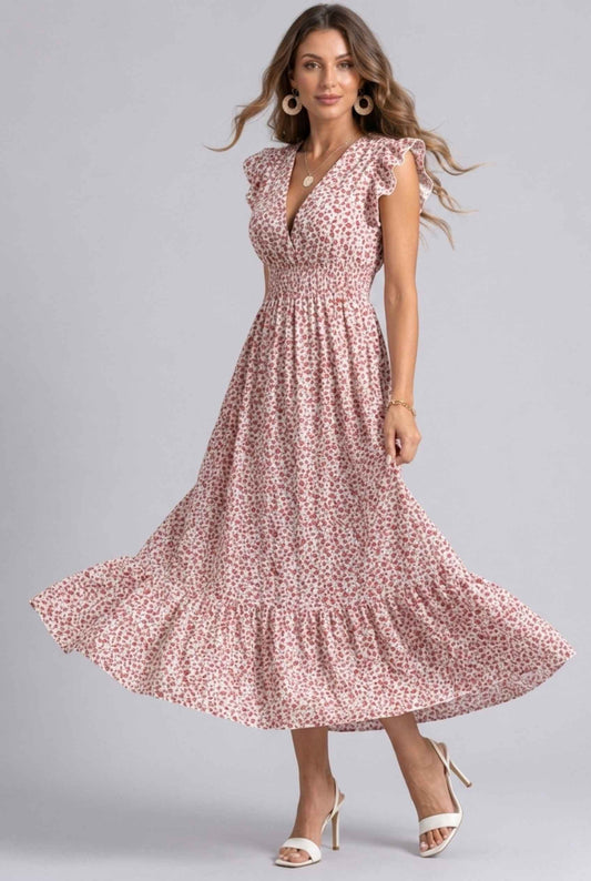 Virtual Model wearing The Maia Flutter Sleeve Maxi Floral Smocked Waist Rose Pink Maxi Dress