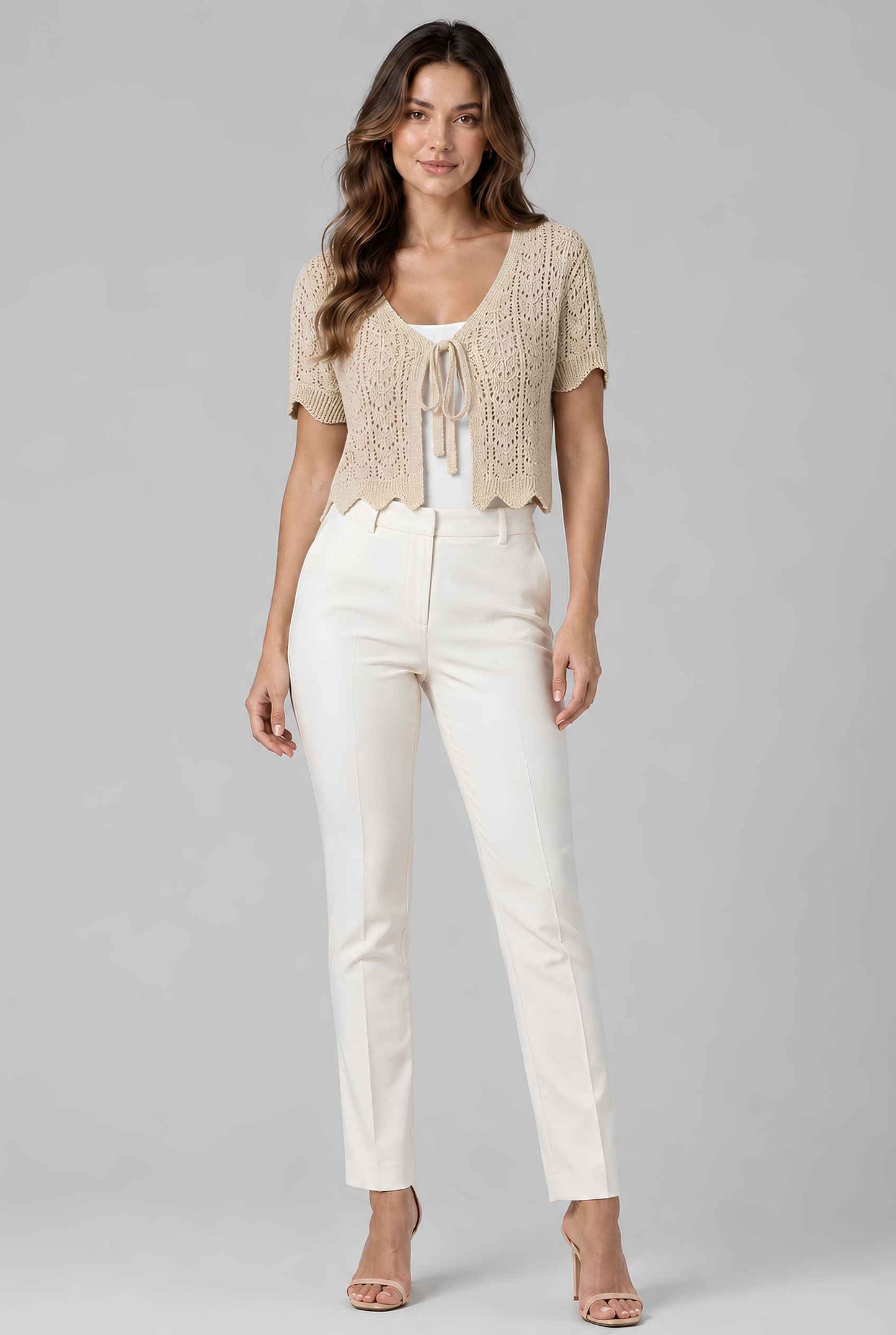 Virtual model wearing The Maisie Tie-Front Cardigan Cropped Light Knit Pointelle Cardigan in Beige