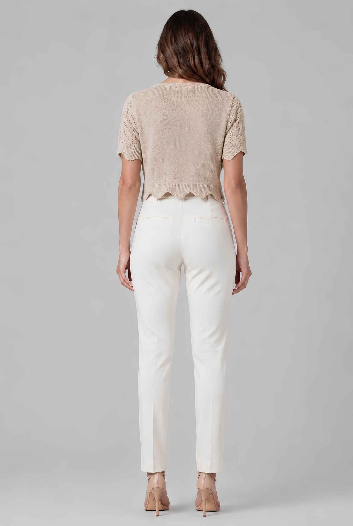 Virtual model wearing The Maisie Tie-Front Cardigan Cropped Light Knit Pointelle Cardigan in Beige