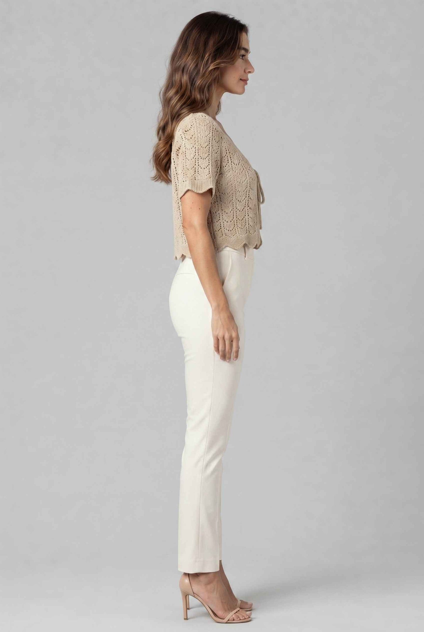 Virtual model wearing The Maisie Tie-Front Cardigan Cropped Light Knit Pointelle Cardigan in Beige