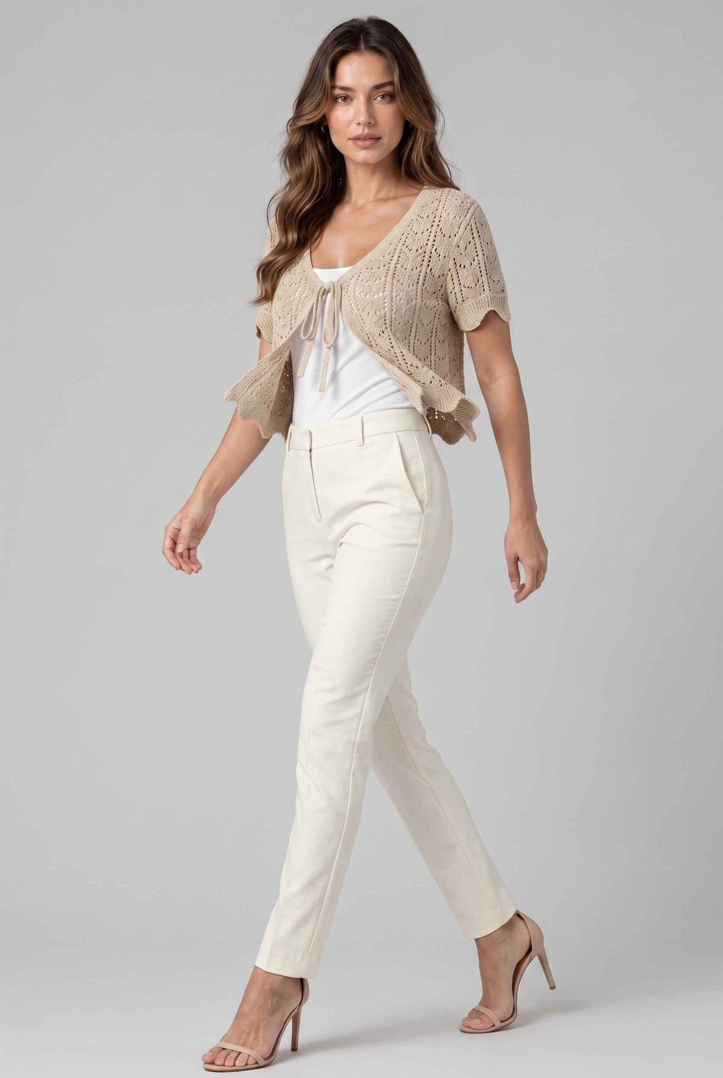 Virtual model wearing The Maisie Tie-Front Cardigan Cropped Light Knit Pointelle Cardigan in Beige