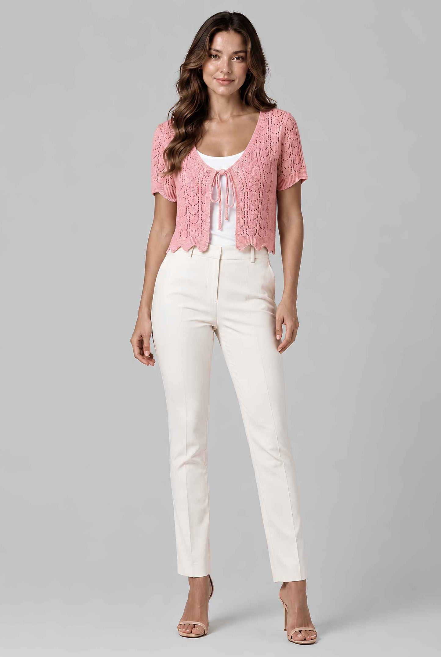 Virtual model wearing The Maisie Tie-Front Cardigan Cropped Light Knit Pointelle Cardigan in Pink