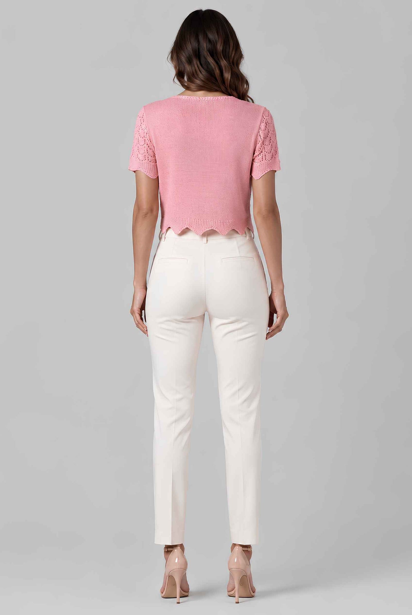 Virtual model wearing The Maisie Tie-Front Cardigan Cropped Light Knit Pointelle Cardigan in Pink