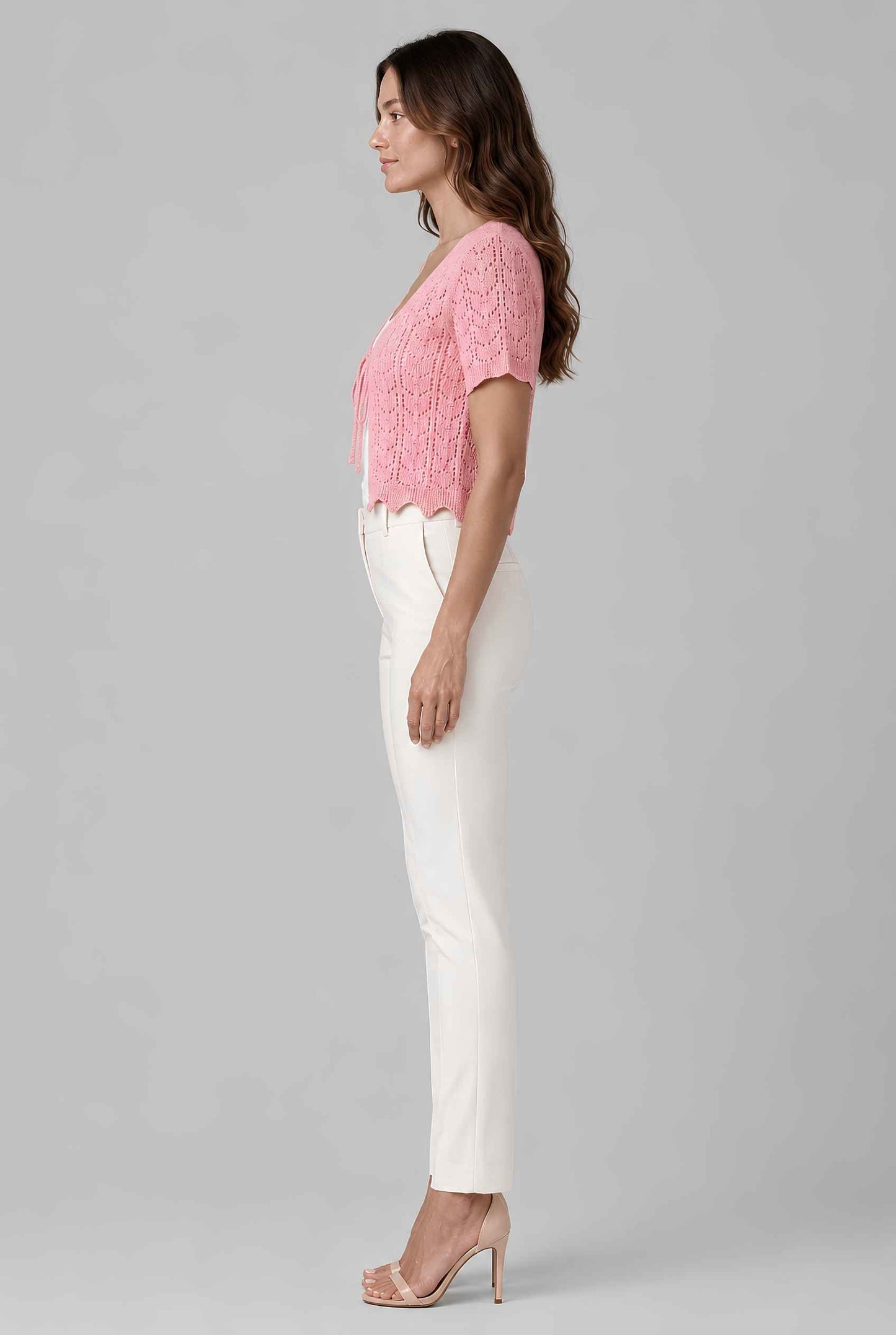 Virtual model wearing The Maisie Tie-Front Cardigan Cropped Light Knit Pointelle Cardigan in Pink