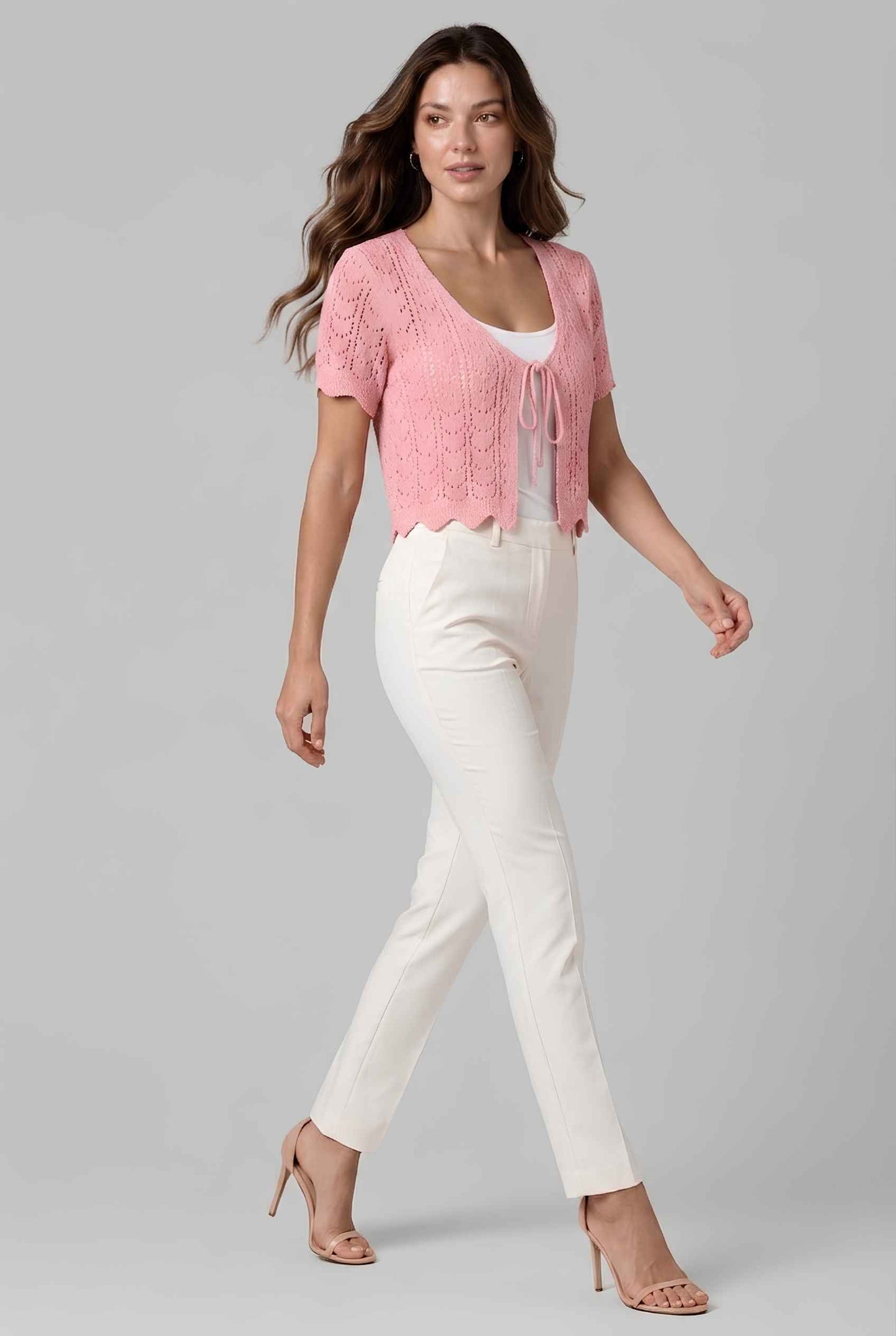 Virtual model wearing The Maisie Tie-Front Cardigan Cropped Light Knit Pointelle Cardigan in Pink