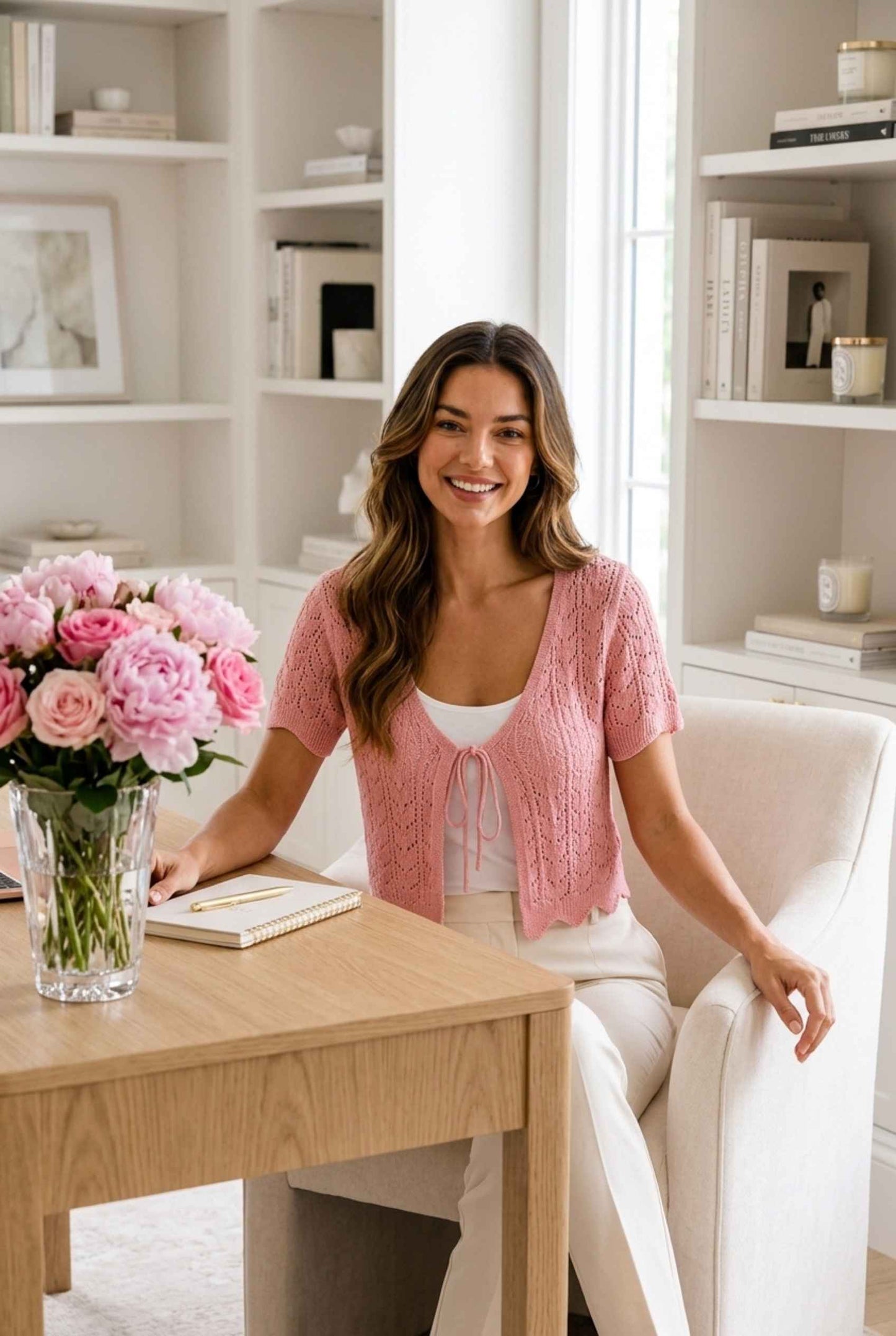 Virtual model wearing The Maisie Tie-Front Cardigan Cropped Light Knit Pointelle Cardigan in Pink