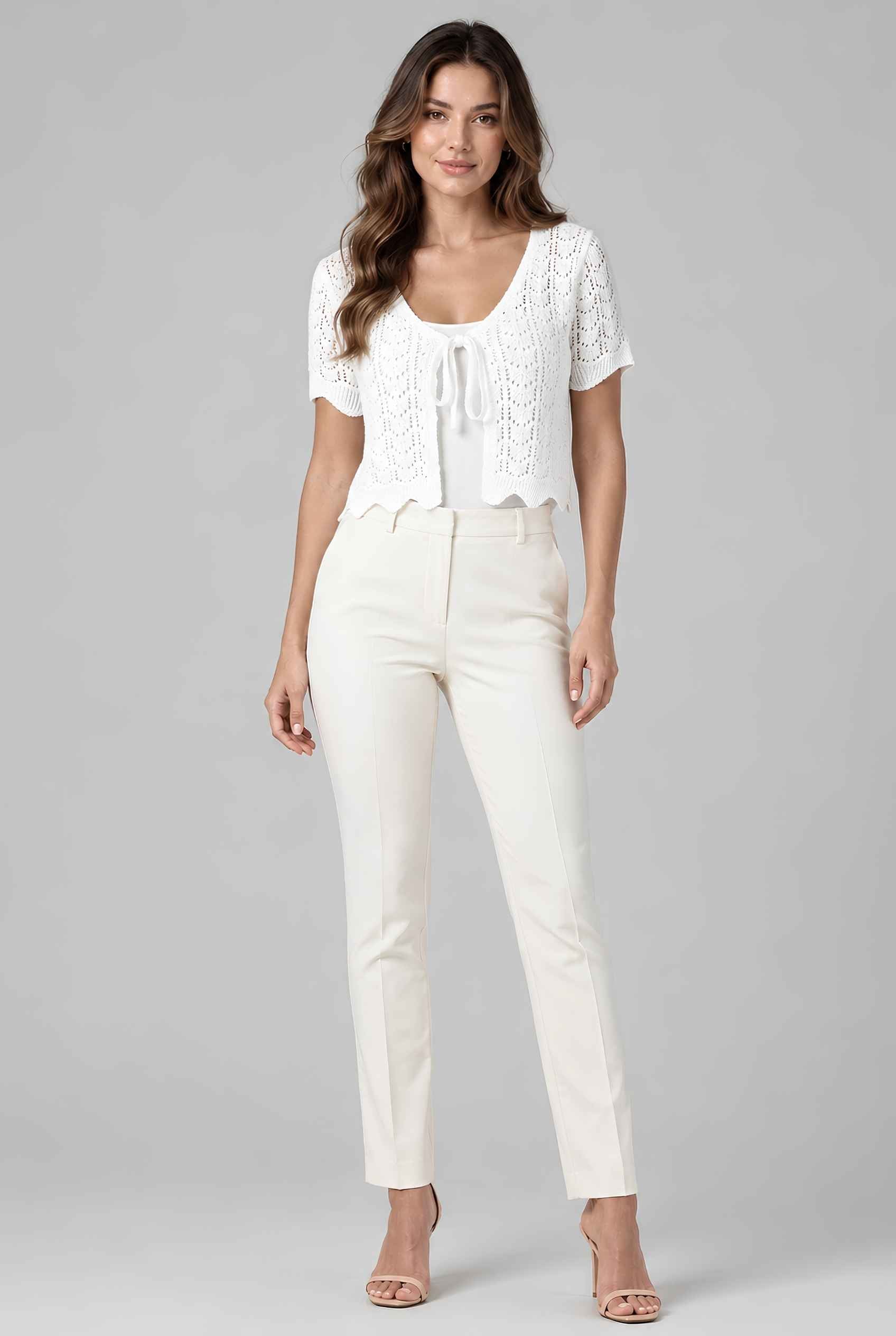 Virtual model wearing The Maisie Tie-Front Cardigan Cropped Light Knit Pointelle Cardigan in White