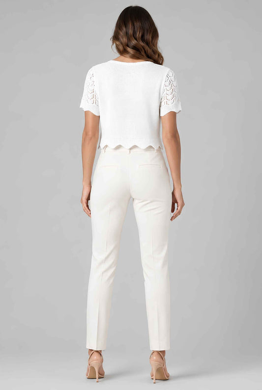 Virtual model wearing The Maisie Tie-Front Cardigan Cropped Light Knit Pointelle Cardigan in White