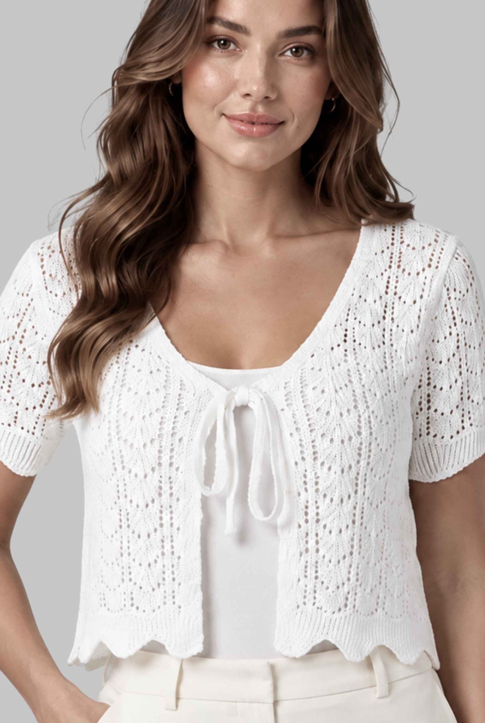 Virtual model wearing The Maisie Tie-Front Cardigan Cropped Light Knit Pointelle Cardigan in White