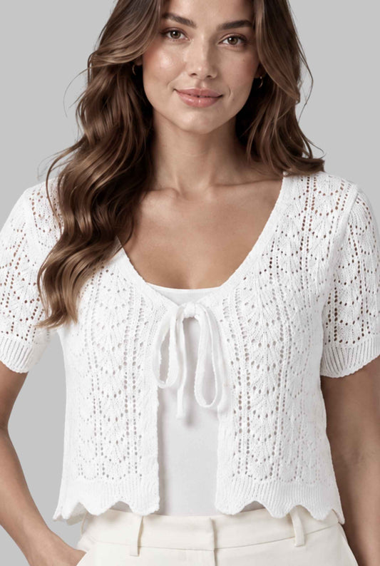 Virtual model wearing The Maisie Tie-Front Cardigan Cropped Light Knit Pointelle Cardigan in White