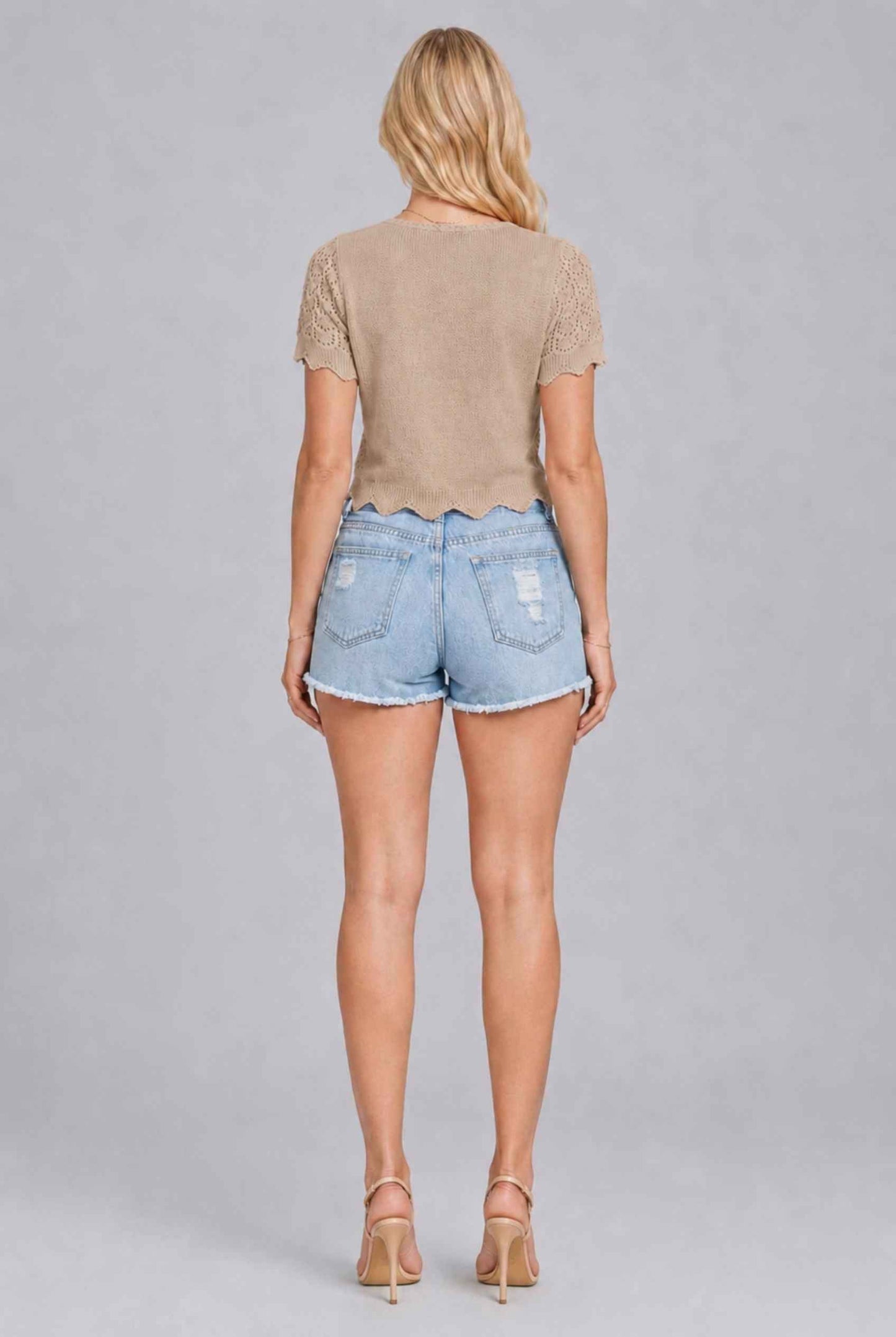 Virtual Model wearing The Maisie Tie-Front Cardigan Cropped Pointelle Beige Light Knit Cardigan