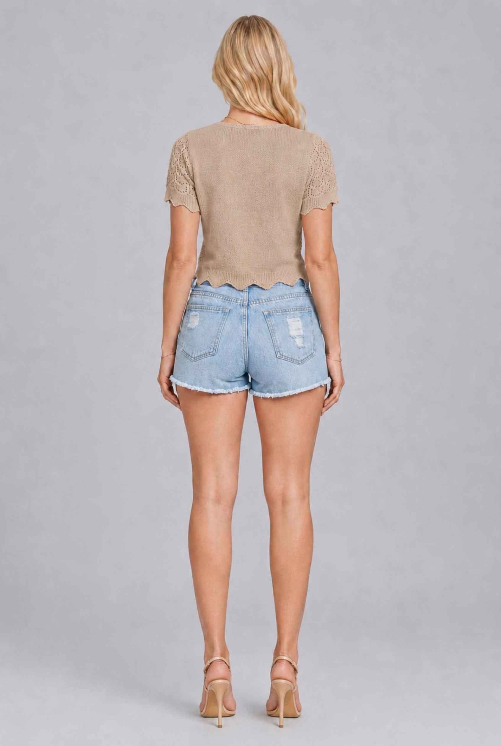 Virtual Model wearing The Maisie Tie-Front Cardigan Cropped Pointelle Beige Light Knit Cardigan