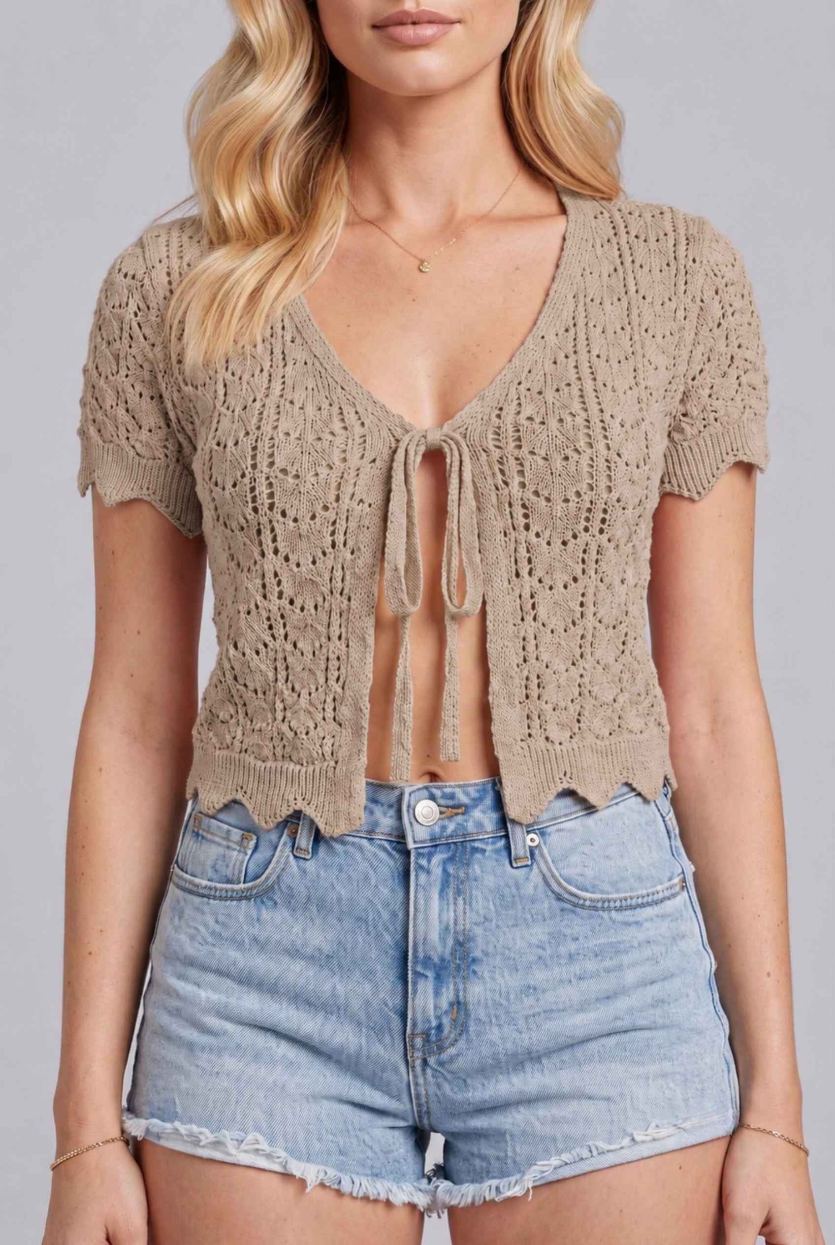 Virtual Model wearing The Maisie Tie-Front Cardigan Cropped Pointelle Beige Light Knit Cardigan