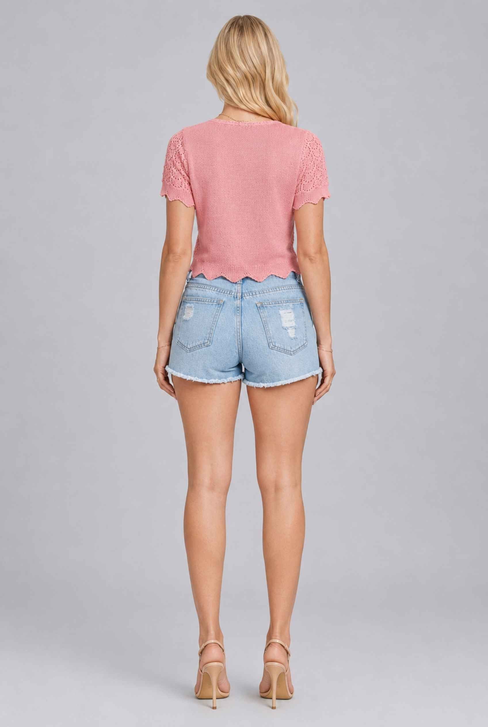 Virtual Model wearing The Maisie Tie-Front Cardigan Cropped Pointelle Pink Light Knit Cardigan