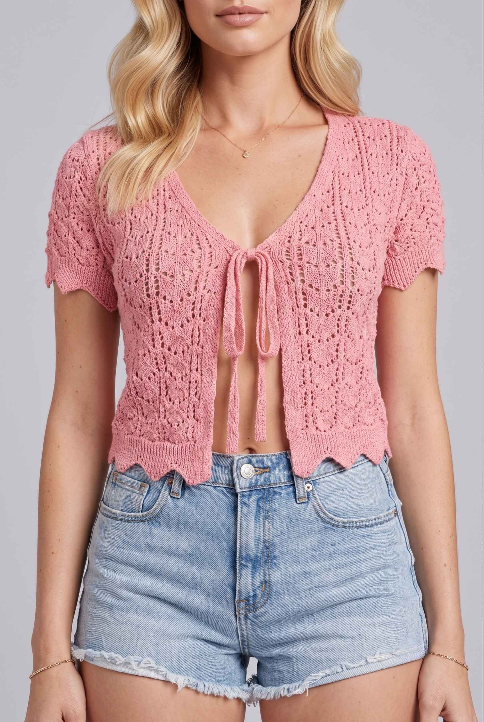 Virtual Model wearing The Maisie Tie-Front Cardigan Cropped Pointelle Pink Light Knit Cardigan