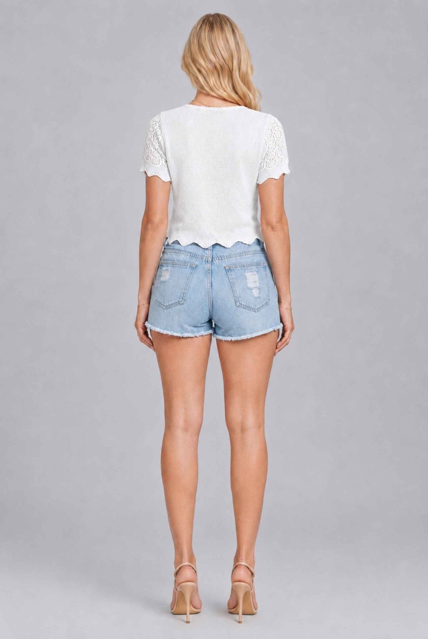 Virtual Model wearing The Maisie Tie-Front Cardigan Cropped Pointelle White Light Knit Cardigan