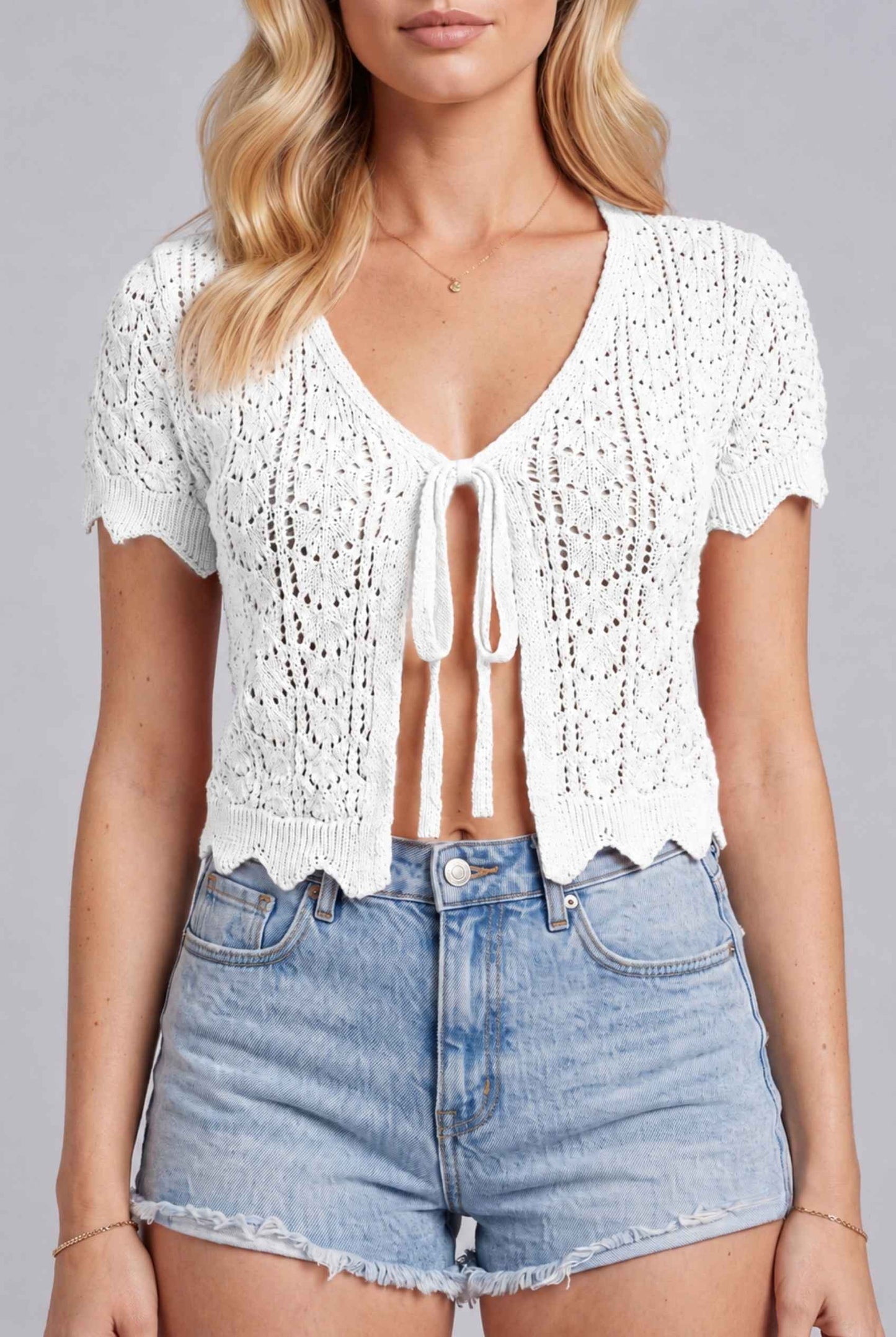 Virtual Model wearing The Maisie Tie-Front Cardigan Cropped Pointelle White Light Knit Cardigan