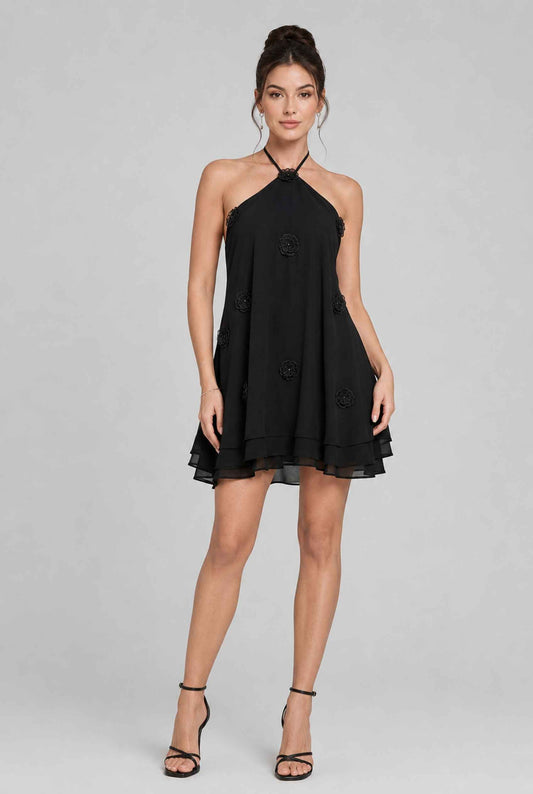 Virtual model wearing The Marbella Chiffon Halter Mini Dress Floral Appliqué Mini Dress in Black