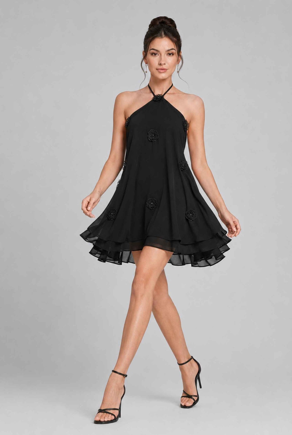Virtual model wearing The Marbella Chiffon Halter Mini Dress Floral Appliqué Mini Dress in Black