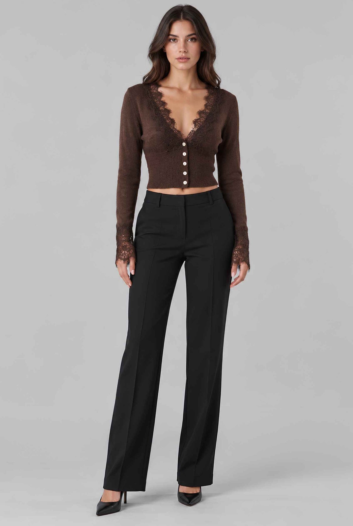 Virtual model wearing The Maren Lace Cardigan Brown Eyelash Lace-Trim Semi-Sheer Knit Cardigan