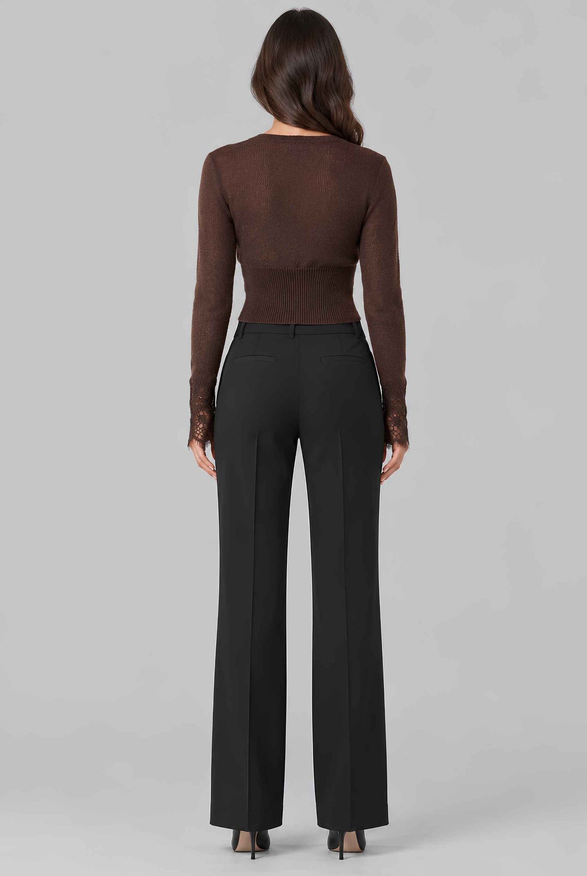 Virtual model wearing The Maren Lace Cardigan Brown Eyelash Lace-Trim Semi-Sheer Knit Cardigan
