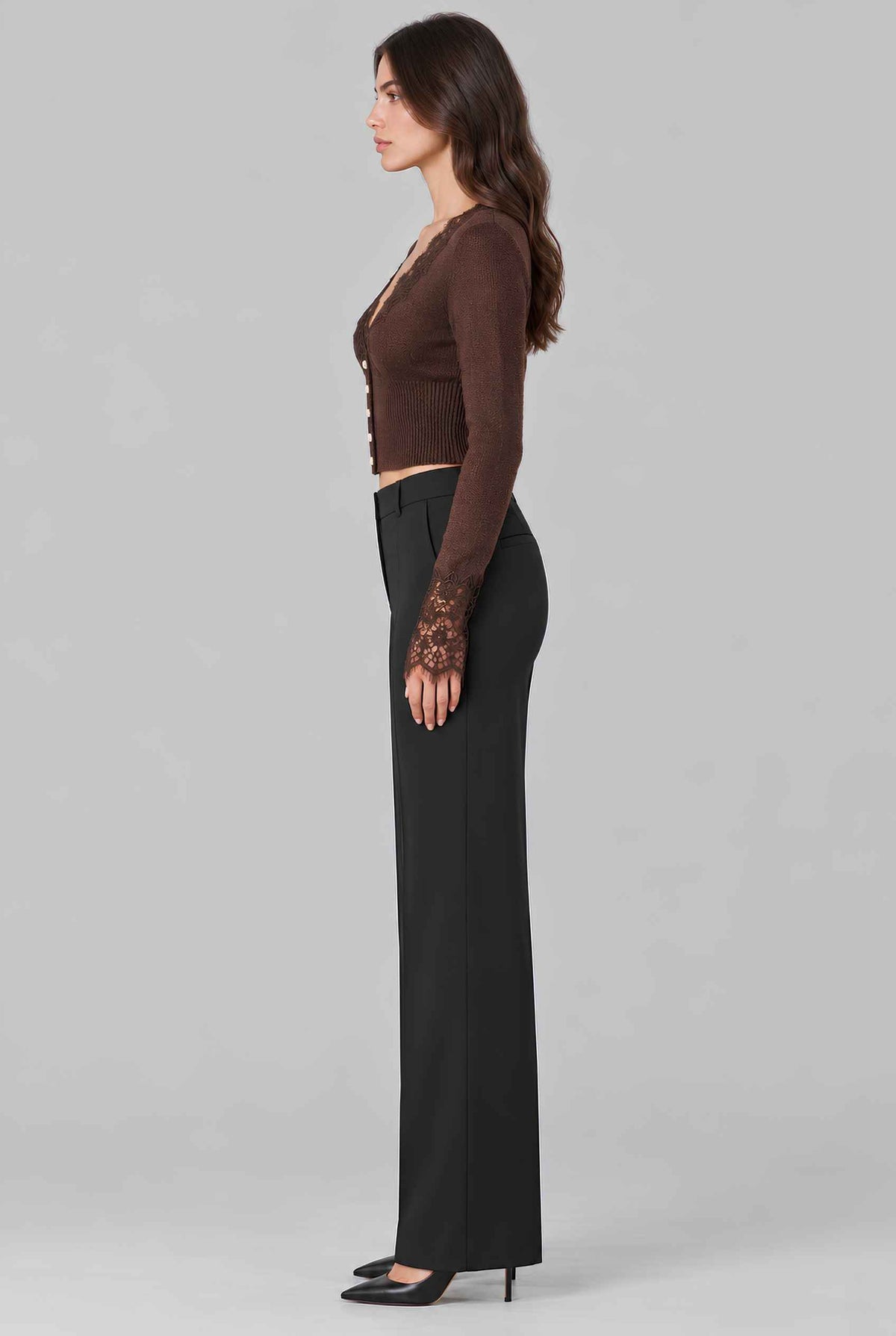 Virtual model wearing The Maren Lace Cardigan Brown Eyelash Lace-Trim Semi-Sheer Knit Cardigan