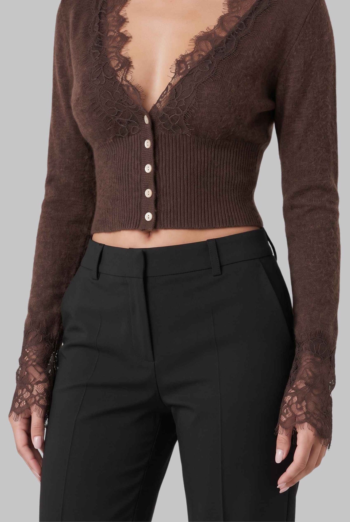 Virtual model wearing The Maren Lace Cardigan Brown Eyelash Lace-Trim Semi-Sheer Knit Cardigan