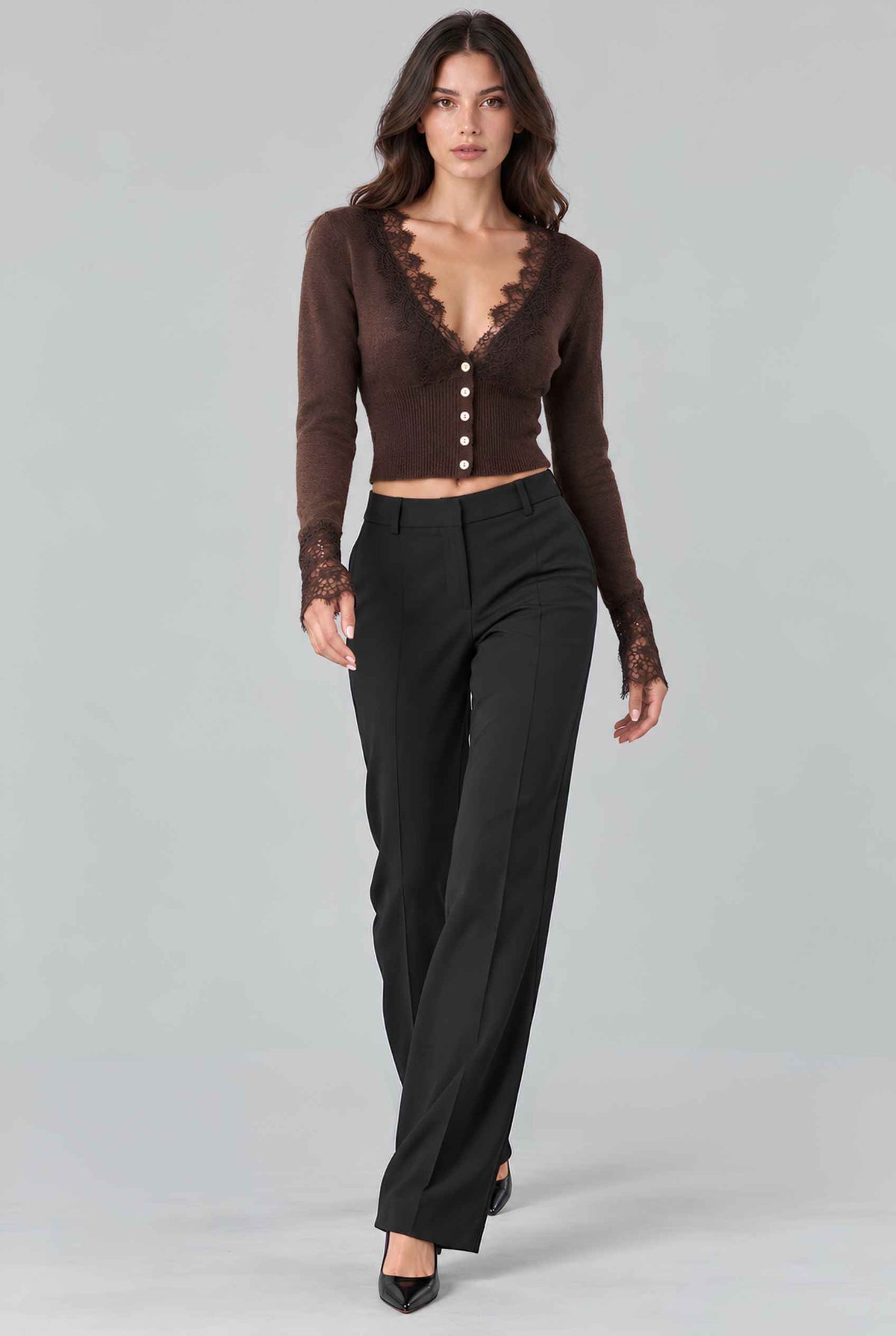 Virtual model wearing The Maren Lace Cardigan Brown Eyelash Lace-Trim Semi-Sheer Knit Cardigan