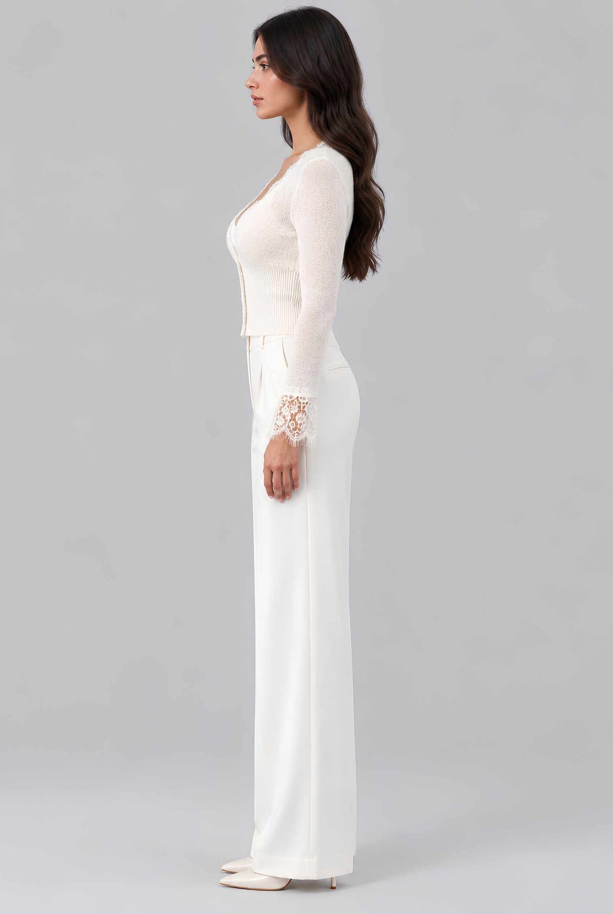 Virtual model wearing The Maren Lace Cardigan Off White Eyelash Lace-Trim Semi-Sheer Knit Cardigan