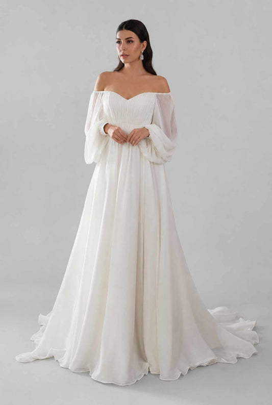Virtual model wearing The Margaux Pleated Chiffon Dress Off-Shoulder Bishop-Sleeve Gown in White