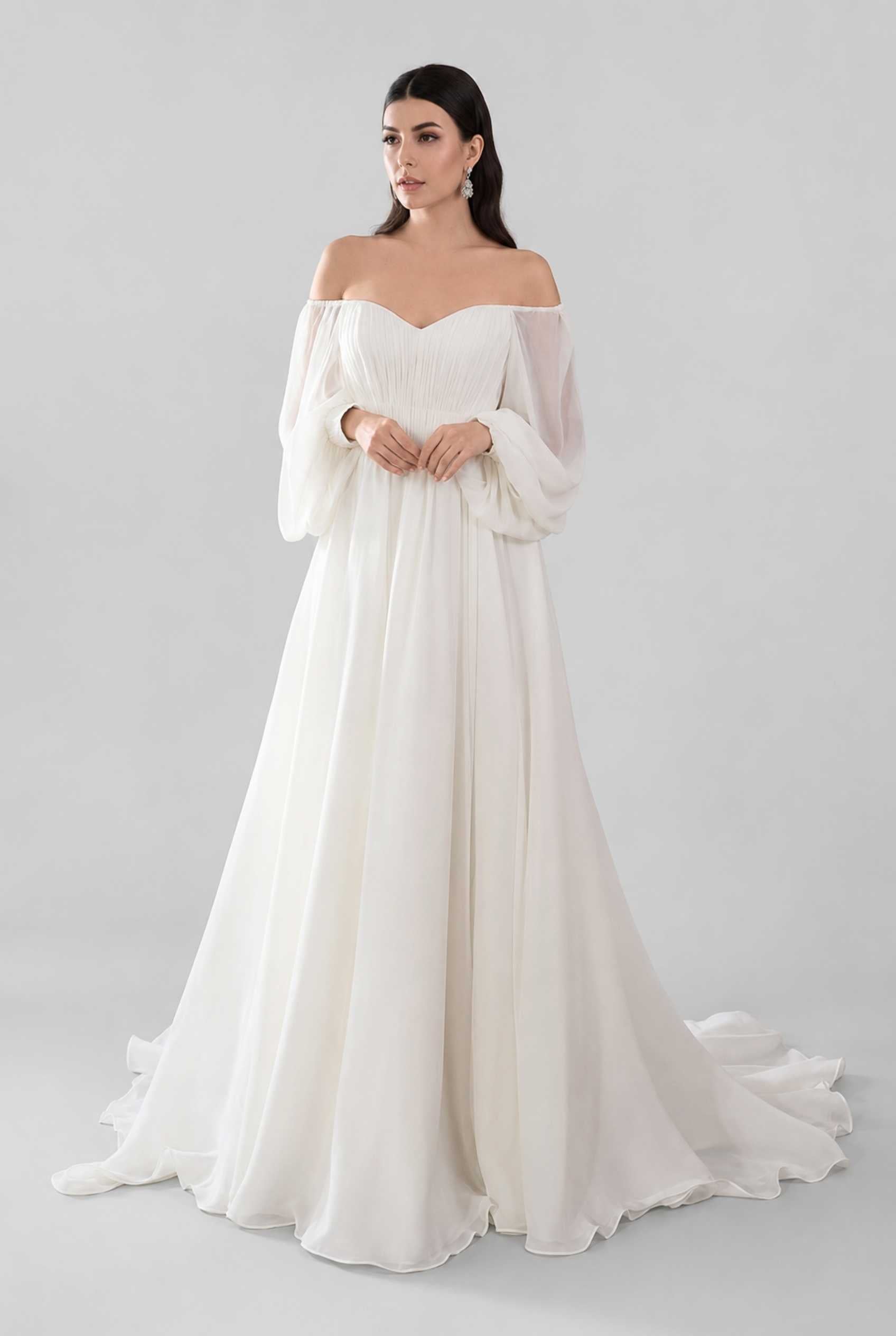 Virtual model wearing The Margaux Pleated Chiffon Dress Off-Shoulder Bishop-Sleeve Gown in White
