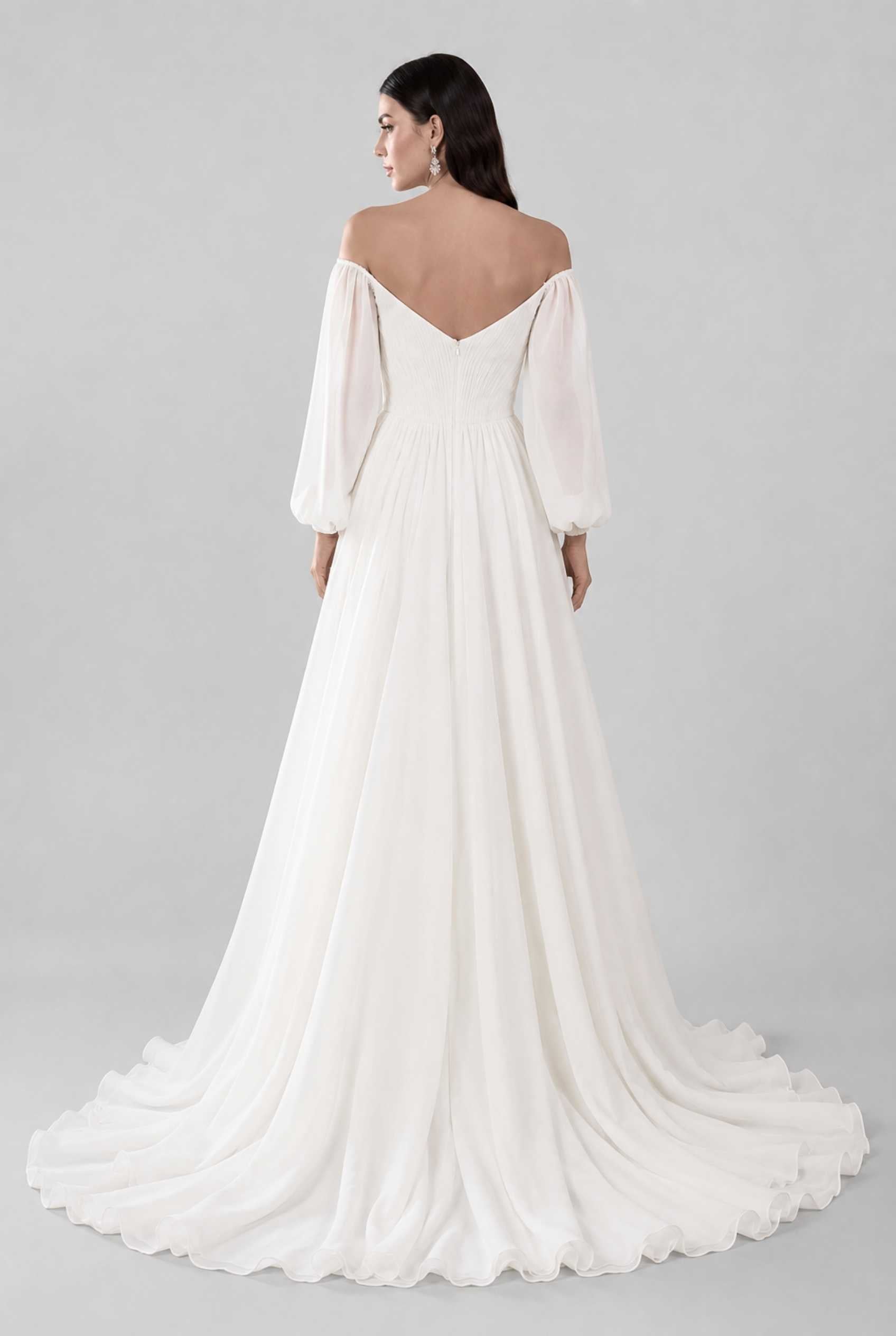 Virtual model wearing The Margaux Pleated Chiffon Dress Off-Shoulder Bishop-Sleeve Gown in White