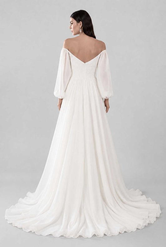 Virtual model wearing The Margaux Pleated Chiffon Dress Off-Shoulder Bishop-Sleeve Gown in White