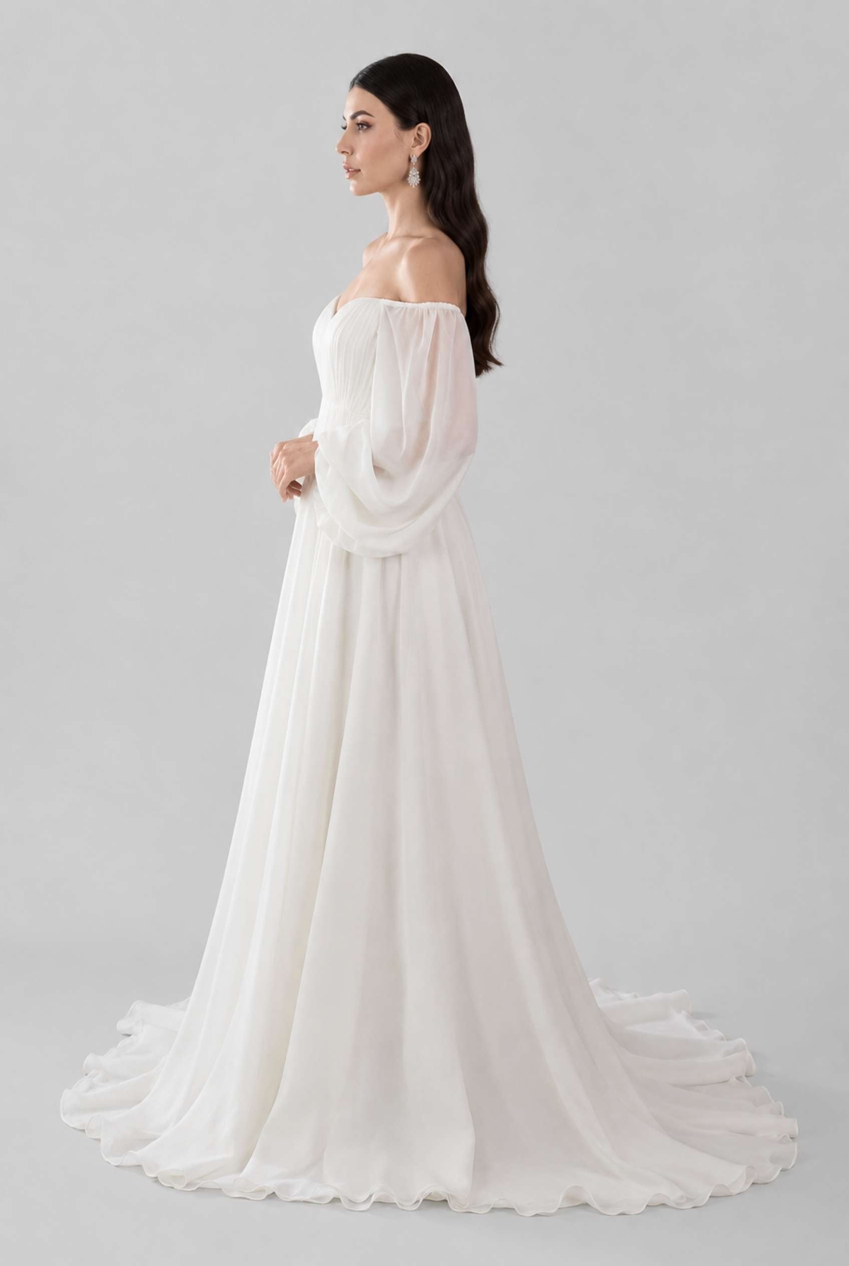 Virtual model wearing The Margaux Pleated Chiffon Dress Off-Shoulder Bishop-Sleeve Gown in White