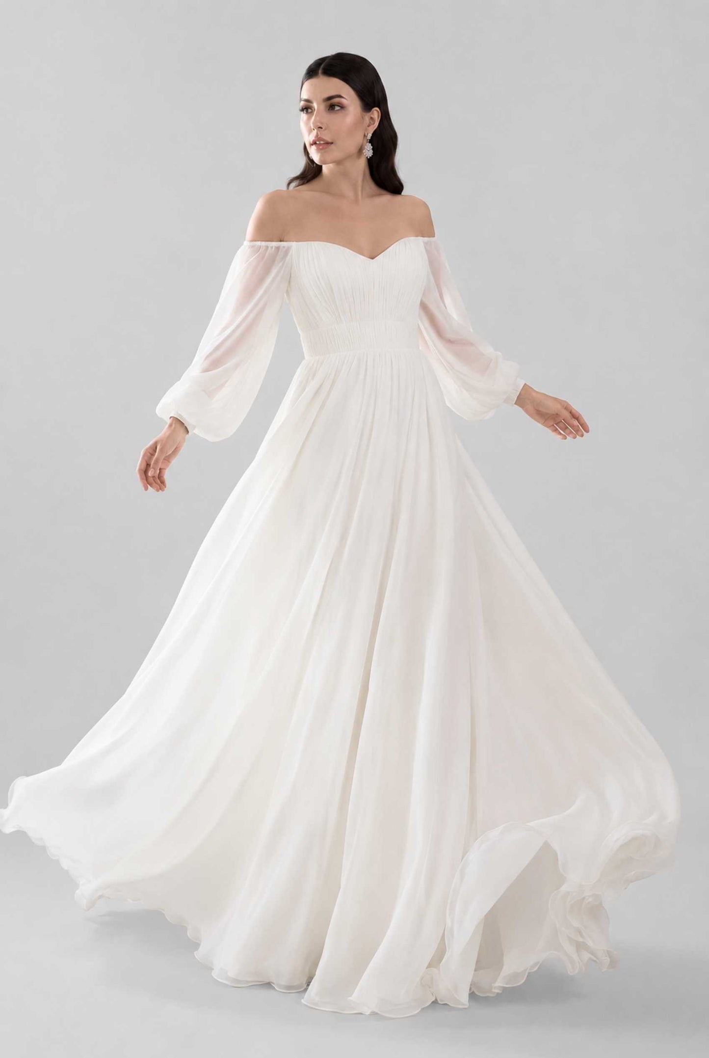 Virtual model wearing The Margaux Pleated Chiffon Dress Off-Shoulder Bishop-Sleeve Gown in White
