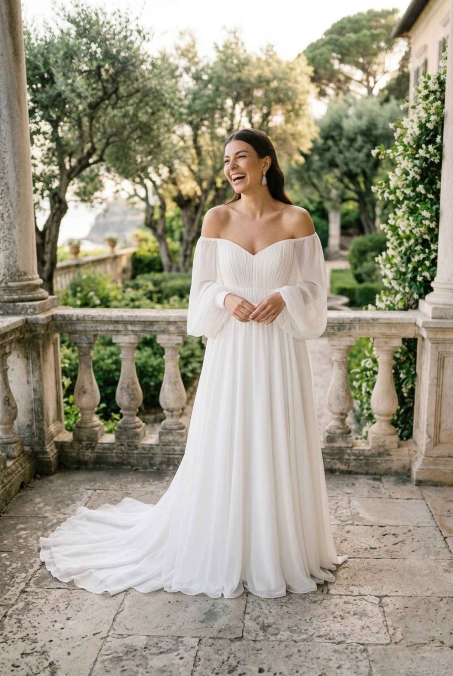 Virtual model wearing The Margaux Pleated Chiffon Dress Off-Shoulder Bishop-Sleeve Gown in White