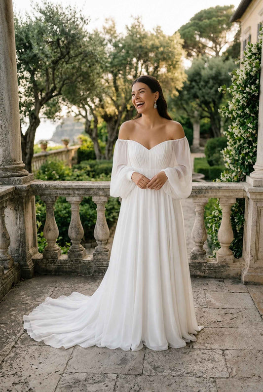 Virtual model wearing The Margaux Pleated Chiffon Dress Off-Shoulder Bishop-Sleeve Gown in White