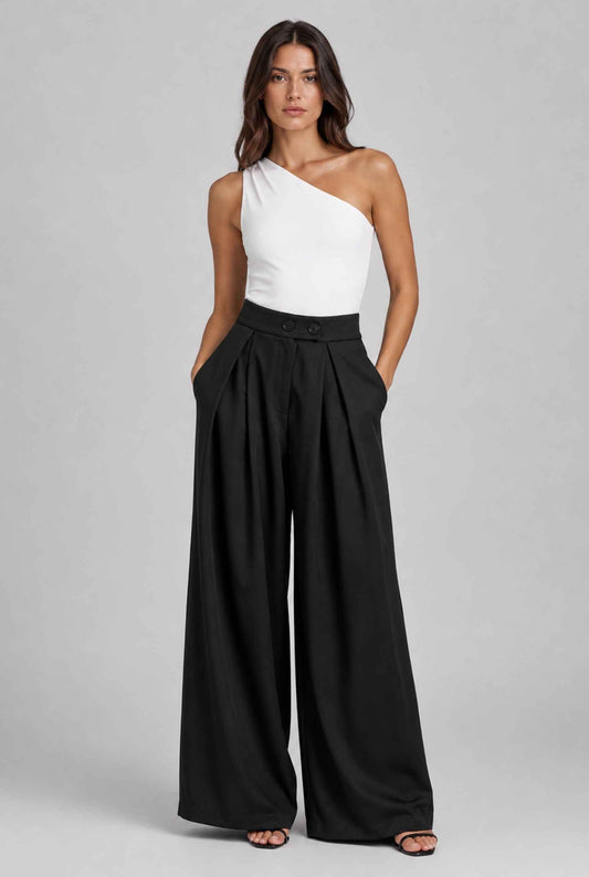 Virtual model wearing The Margot Pleated Trouser Double-Button Pleated Wide-Leg Trousers in Black