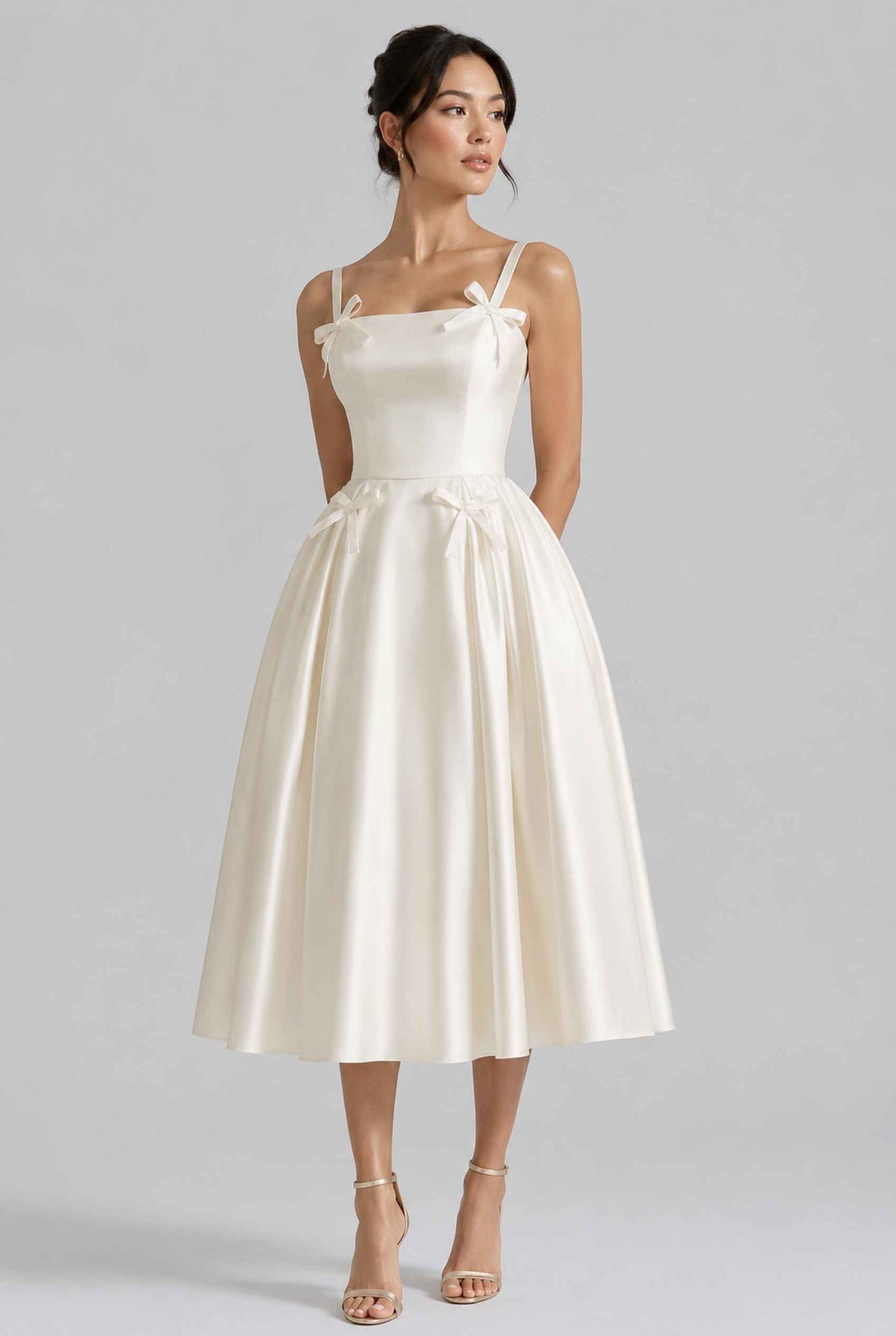 Virtual model wearing The Mariposa Bow Satin Dress Ivory Satin Bow A-Line Gown